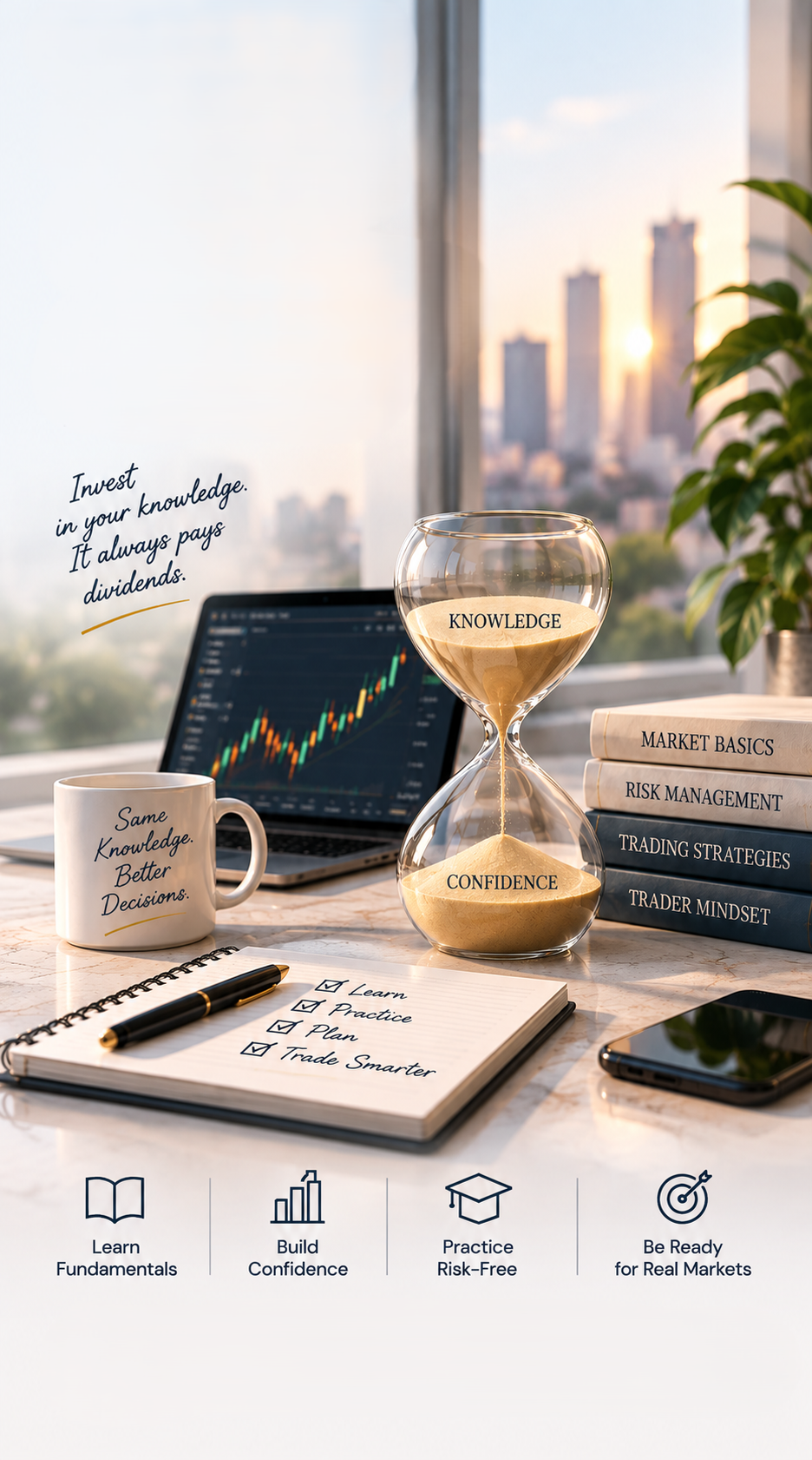 An hourglass filling from knowledge to confidence on a desk with trading books, a notebook and a laptop chart.