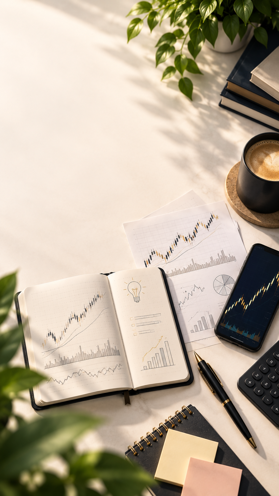 Trading notebook with hand-drawn charts, a pen and a phone on a sunlit desk