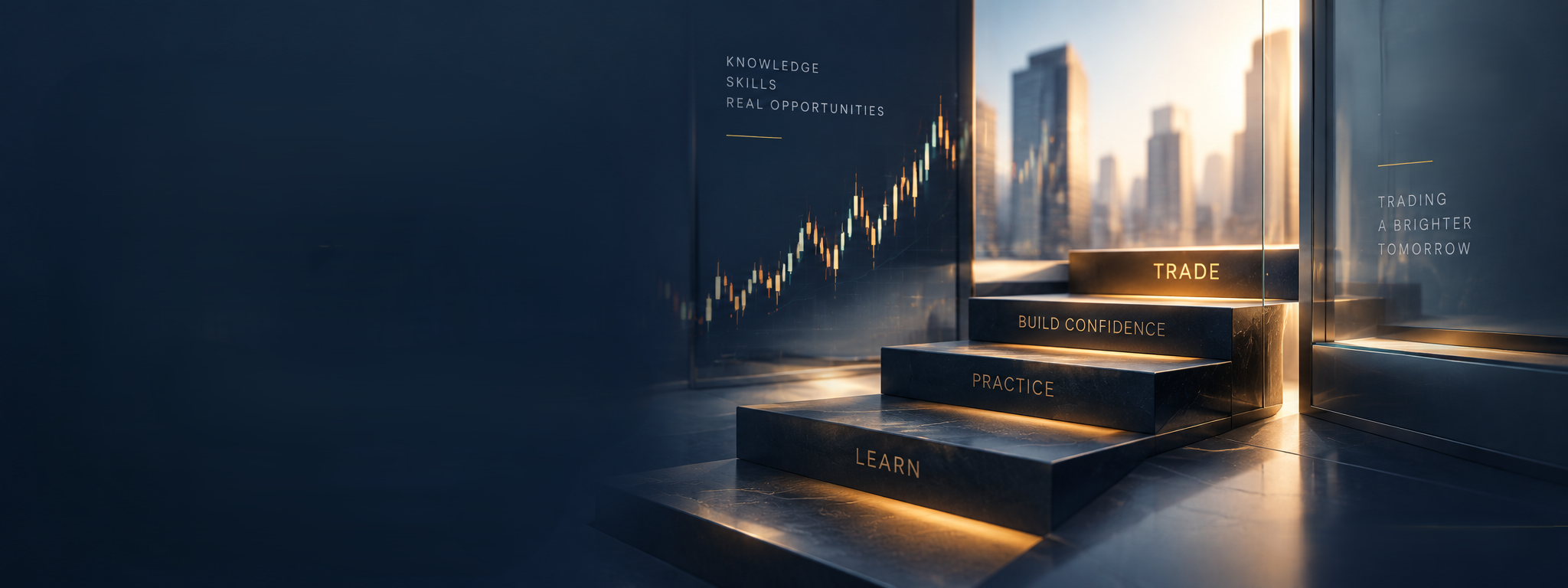 Illuminated stone steps labelled Learn, Practice, Build Confidence and Trade leading to a city skyline